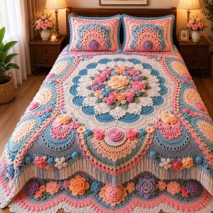Fantasy King Faux Quilting Effects 7D Digital Panel Super King Bedsheet Set 110 × 110 Inches